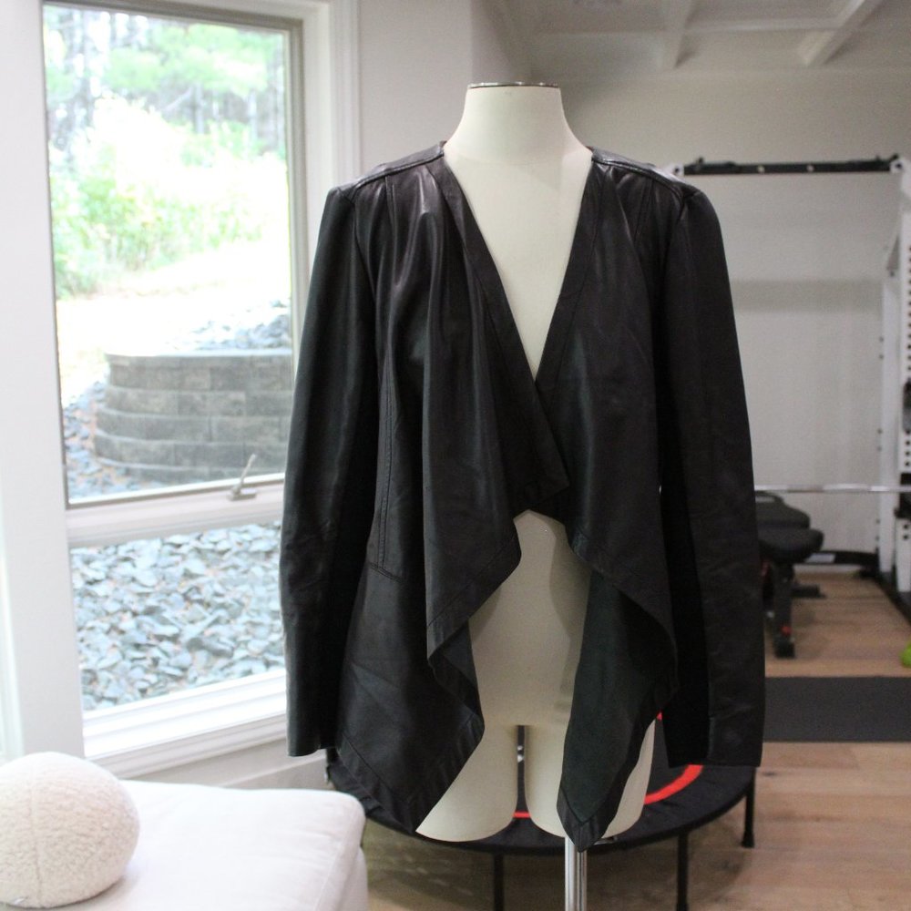 Sejour open drape front black genuine buttery soft leather jacket Sz.14W